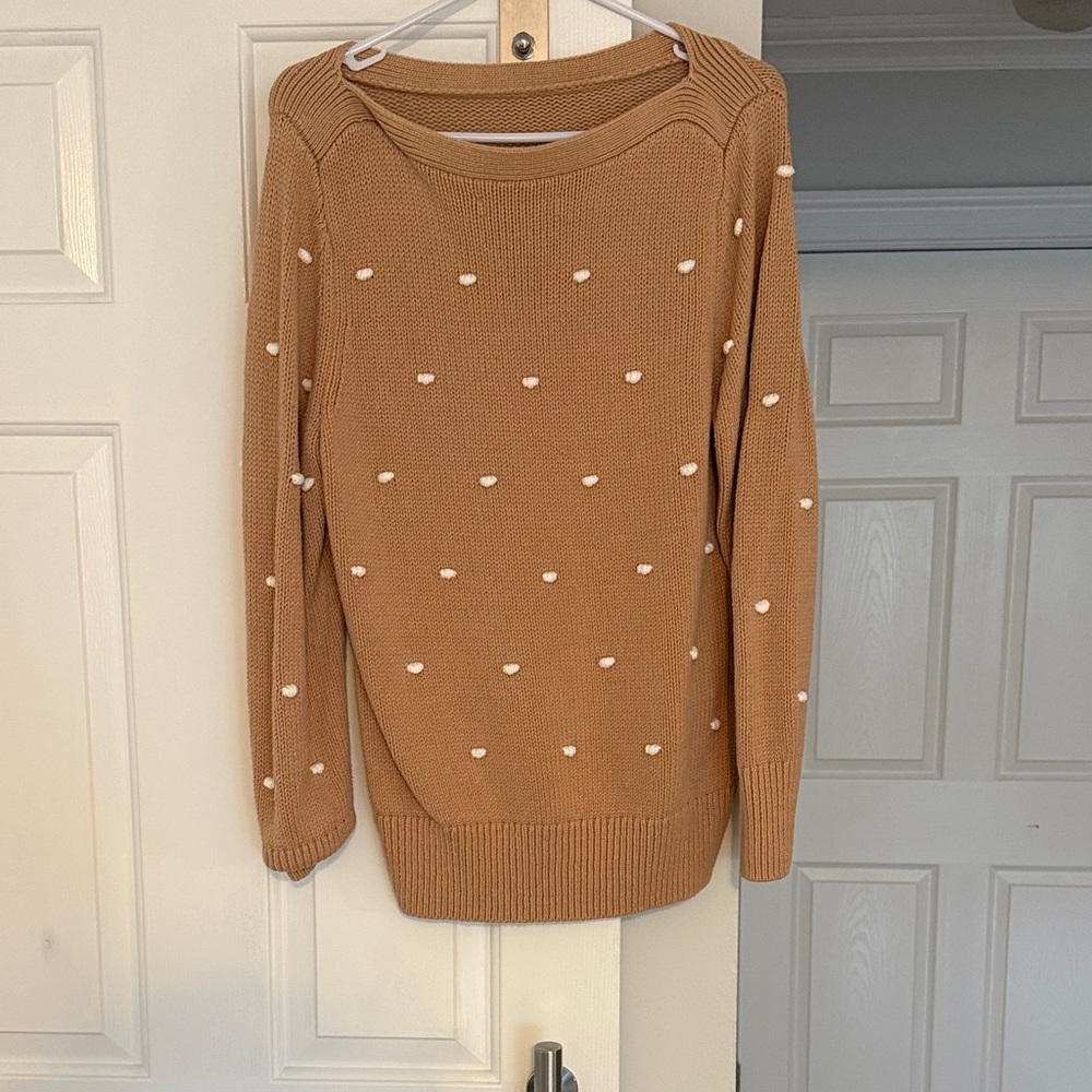 LOFT Camel Crewneck Sweater with Ivory Pom-Poms